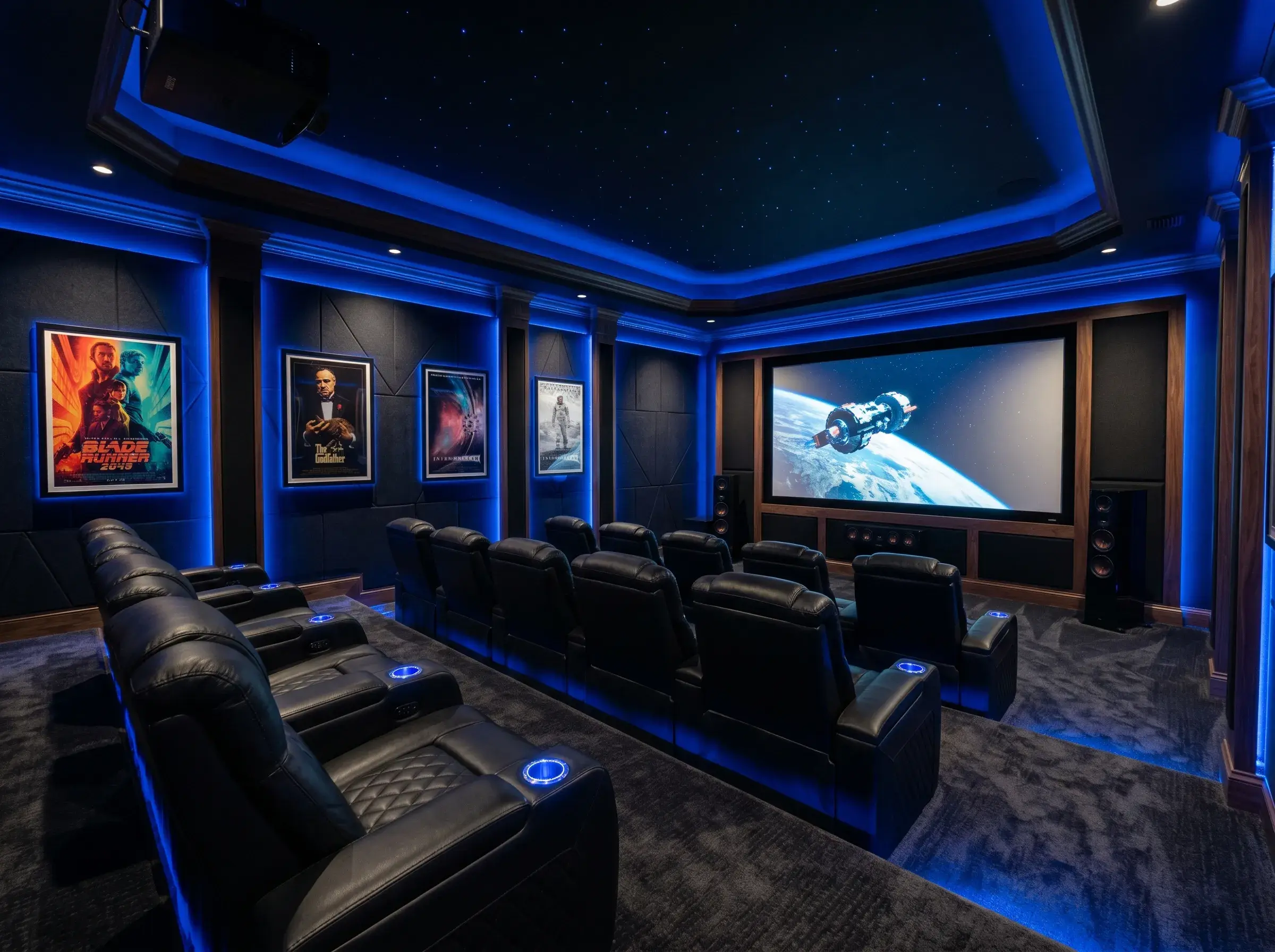 Luxury home theatre with projection screen installed by Sentient Technology Systems